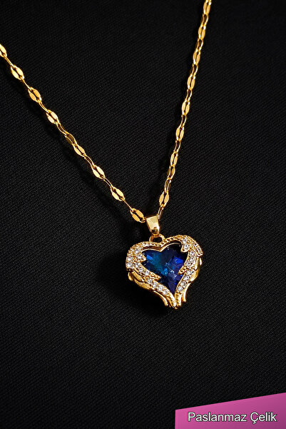 TREND COLLECTİON Kadın Paslanmaz Çelik Gold Zirkon Taşlı Mavi Kalp Kolye