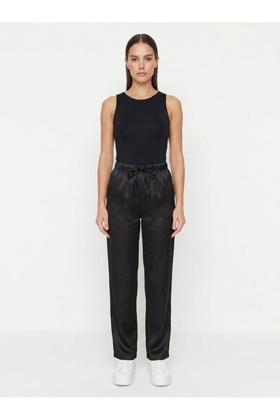 WAYS Women's Black Satin Pocketless Waist-Tie Comfortable Cut Straight-Leg Stylish Women's Trousers