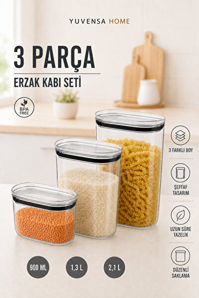 Yuvensa Home 3'lü Kapaklı Erzak Saklama Kabı Seti – Mutfak Düzenleyici Kuru G...