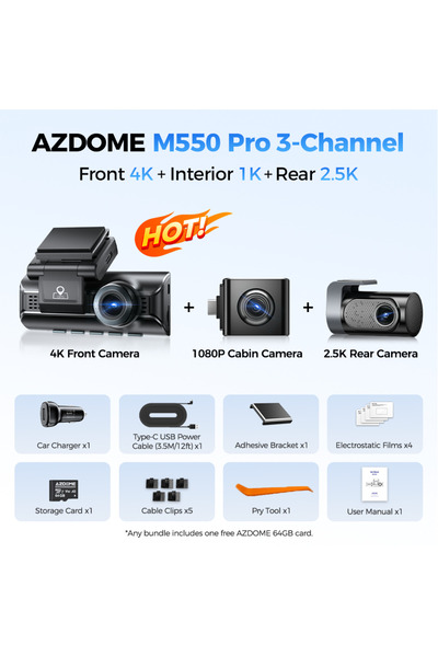 AZDOME Free 64G TF M550 Pro (3CH) M550 Pro 5.8Ghz WiFi 2/3 Channel Dash Cam 4...
