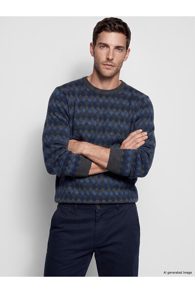 LC Waikiki Lcwaikiki Classic Indigo Patterned Oval Collar Men's Sweater with ...