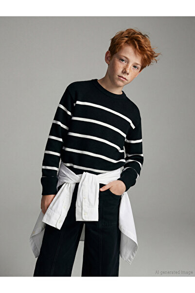 LC Waikiki Lcw Kids Black Oval Collar Striped Boy's Knitwear Sweater with Nev...