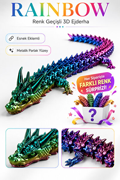 Auryne Jewelry 3D Baskı Rainbow Renk Geçişli Hareketli Ejderha Oyuncak 40 cm ...