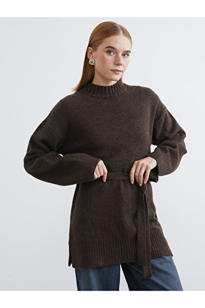 LC Waikiki Lcw Modest Brown Knitwear Plain Oversize Women's Tunic with Nevavm...