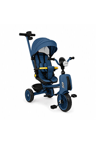 LUDIRO Tricicletă cu Maner Parental 5-în-1 - Albastru, Far LED și Muzică Inte...