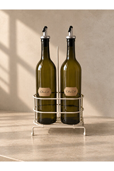 Dekorzdükkan Green Glass Oil Pot Set with Metal Cream Stand (Two Different La...