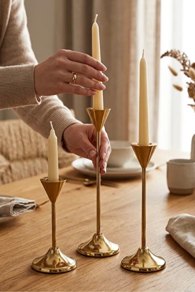 MaperaHome 3'lü ( Üçlü ) Düz Ayak Gold Şamdan Mumluk Dekoratif Mumluk Paslanm...
