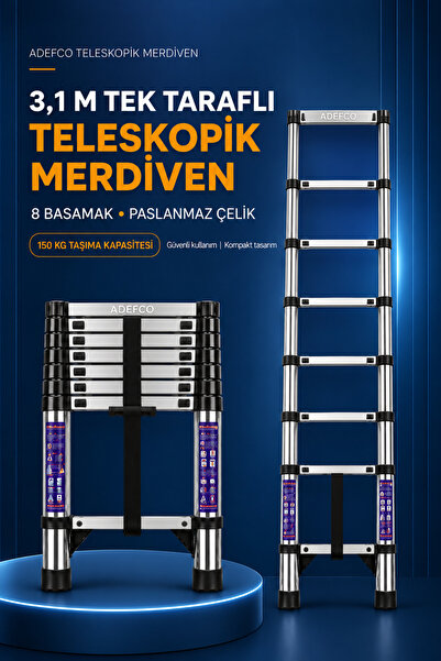 ADEFCO 8 Basamak Paslanmaz Çelik Teleskopik Merdiven 3.1 Metre Katlanabilir U...