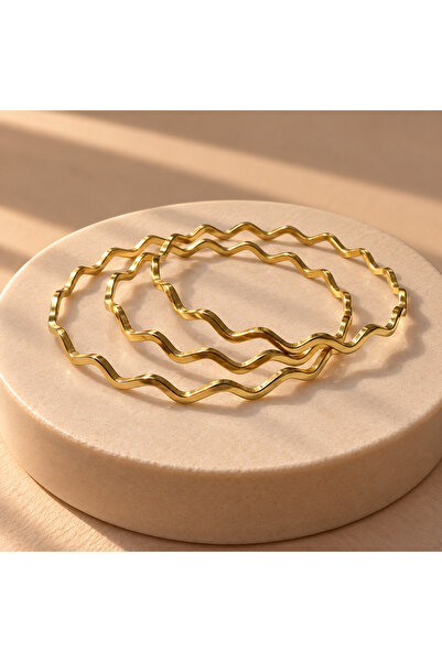 JEWELRY 3’Lü Zigzag Formlu 14 Ayar Görünümlü Ajda Bilezik Set Şık Modern Zari...