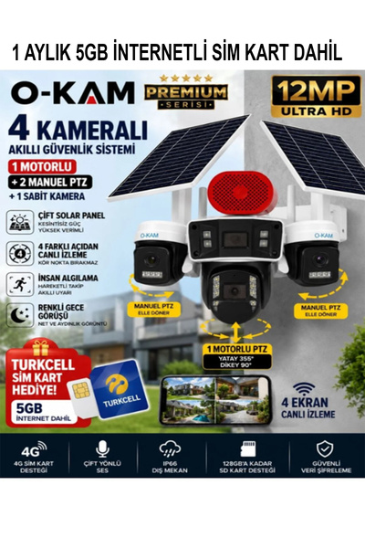 O-KAM OK337B Premium 12MP 4 Kameralı 4G Çift Solar Panel AOV Gece Görüş Sesli Konuşma Akıllı Kamera 1 Ay Turkcell Sim Kart