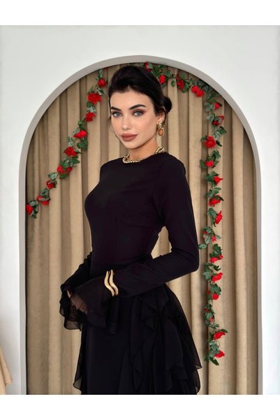 Dilek Vardar Siyah Uzun Kol Bisiklet Yaka Volanlı Abiye Elbise