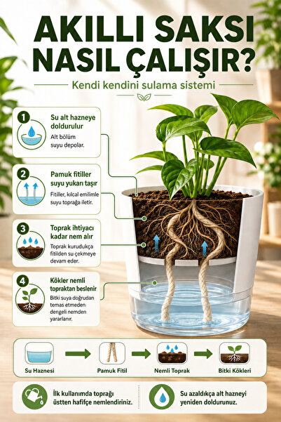 ByKurt Akıllı Saksı Kendinden Sulamalı Fitilli Su Hazneli Dekoratif Model