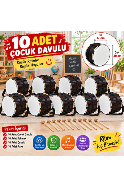 Piarro 10 Adet Çocuk Davulu 30cm Tokmak + Çıbık Dahil ( Okullar İçin Uygundur )