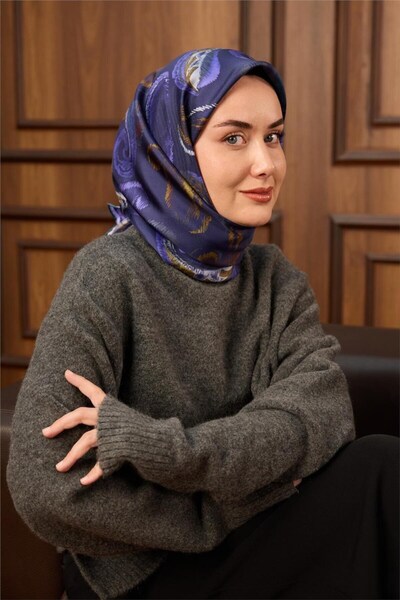 Silk Home Twill İpek Eşarp Morcivert–Lila Desenli Tok Duruşlu 90x90