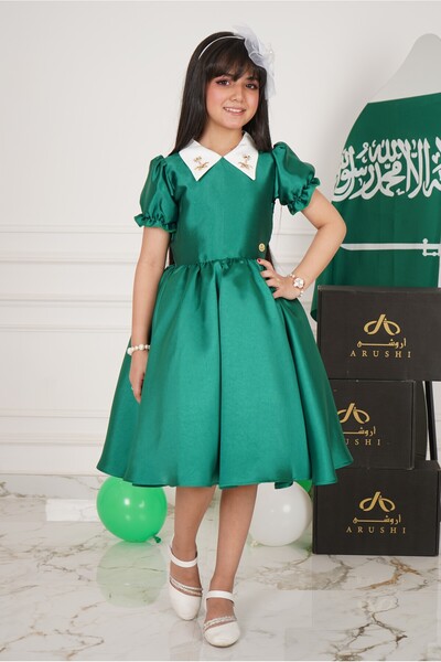 arushi فستان أخضر جديد للفتيات بمناسبة اليوم الوطني بأكمام قصيرة منتفخة |