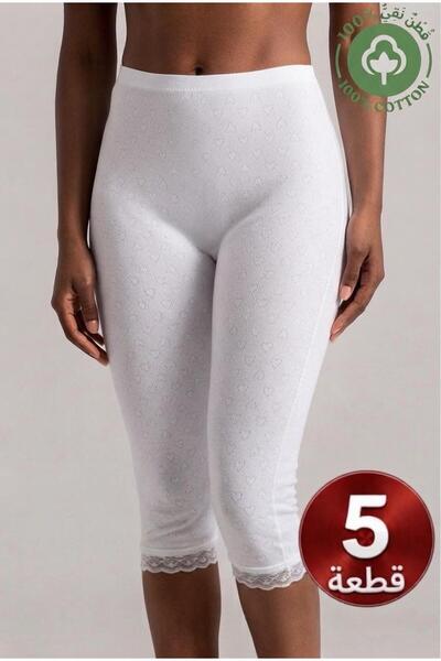 NAEEMA COTTON طقم سراويل داخلية نسائية بيضاء من 5 قطع، مصنوعة من الدانتيل تحت الركبة، 100% قطن، خصر مرتفع، بنقشة قلوب