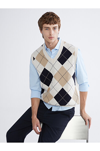 LC Waikiki Southblue Beige V-Neck Diamond Patterned Men's Knit Sweater