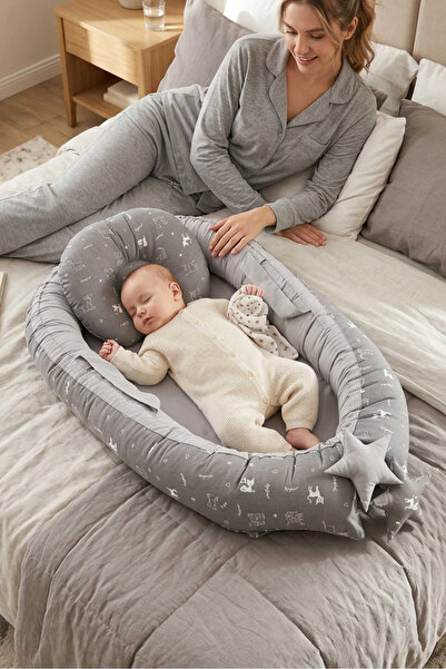Umaybebek Babynest, Bebek Uyku Yatağı, Yatak - 0-2 Yaş - Pamuk Kumaş - Gri Ke...