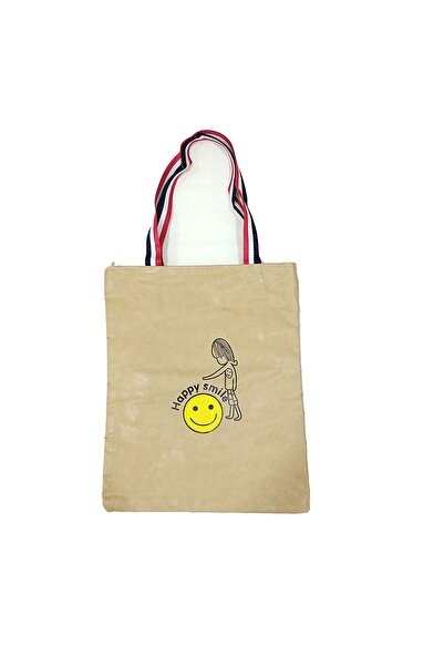 SLM Desenli Bez Çanta - Happy Smile - Krem