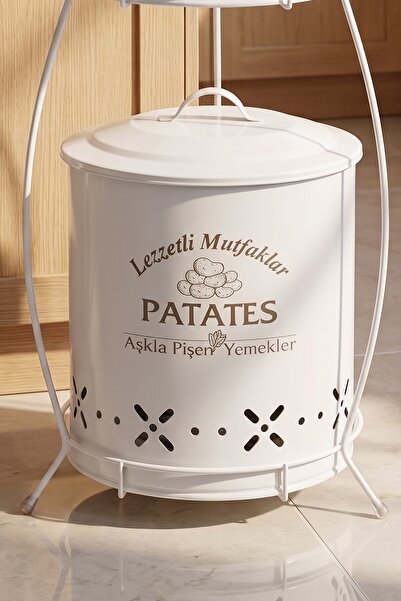 metalshop 2 Katlı Küçük Boy Metal Patates Soğan Kovası - Sebzelik - Patates Soğanlık Sepeti Beyaz