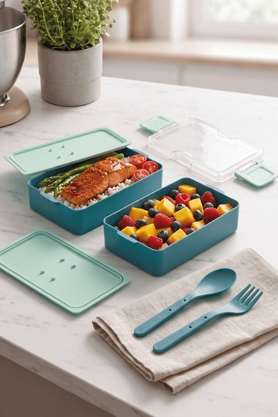 Duo Line Household Utensils وعاء تغذية لونو ذو طبقتين مع غطاء كريستالي وملعقة مدمجة