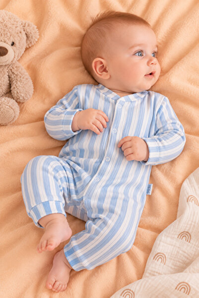 Rocha Baby Mavi Çizgili Fitilli Çıtçıtlı Uzun Kollu Bebek Tulum