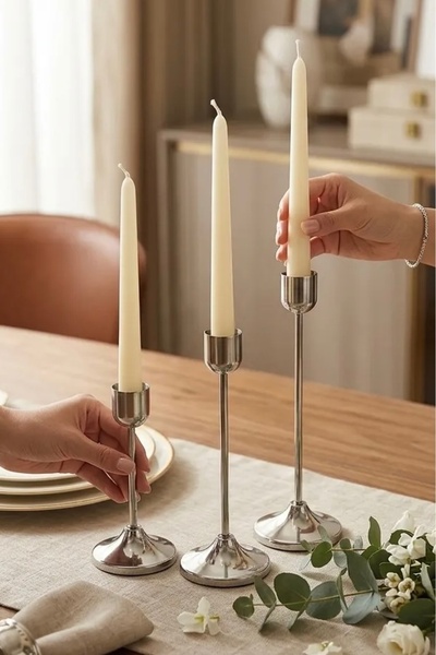 MaperaHome 3'lü ( Üçlü ) Düz Ayak Gümüş Silver Şamdan Mumluk Dekoratif Mumluk...