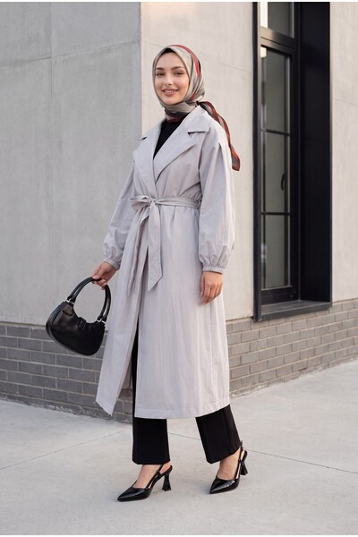 Modamorfo Lined Trench Coat with Elastic Sleeves and Belt -Grey
