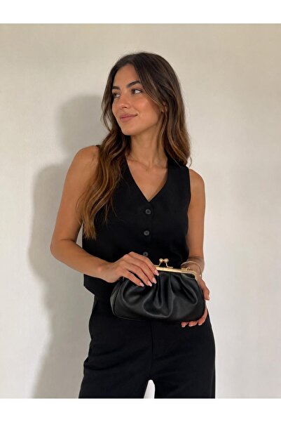 RoseBuy Bags Siyah Retro Burslu Gold Klipsli Kadın El ve Omuz Çantası
