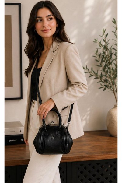 RoseBuy Bags Kadın Siyah Vintage Metal Klipsli El ve Omuz Çantası
