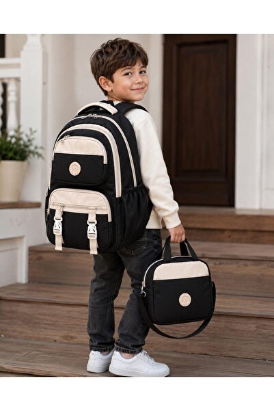 RoseBuy Bags Siyah Krem 2’li Çocuk Okul Çantası ve Beslenme Çantası Seti – Ço...
