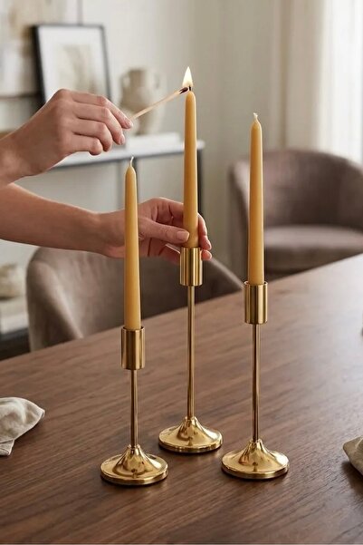 MaperaHome 3'lü ( Üçlü ) Düz Ayak Gold Şamdan Mumluk Dekoratif Mumluk Paslanm...