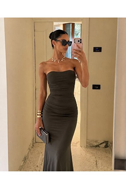 Modafeminen Strapless Drape Detailed Fish Maxi Evening Dress 582706 Khaki