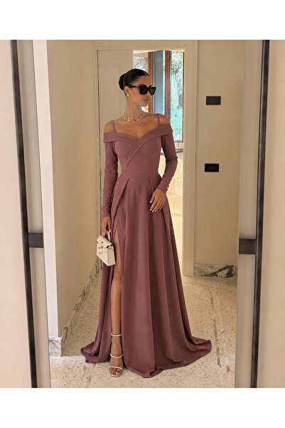 Modafeminen Long Sleeve Madonna Collar Slit Dark Rose Evening Dress 582622