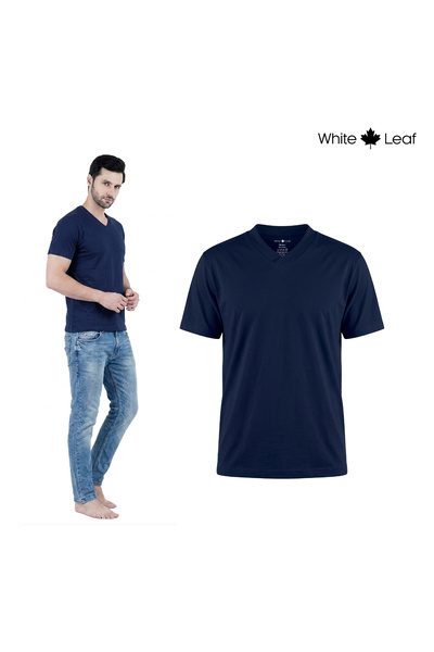 White Leaf V Neck T Shirt | Men’s 1 Piece | 100% Combed Cotton | Navy Blue
