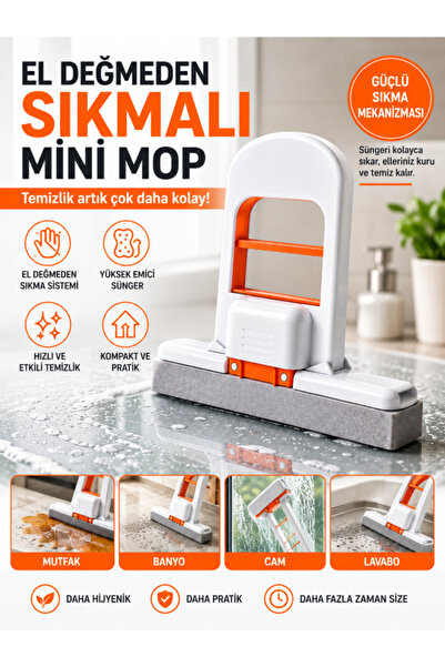 Felyra El Değmeden Sıkmalı Mini Mop Süngerli Temizlik Aparatı Lavabo Tezgâh C...