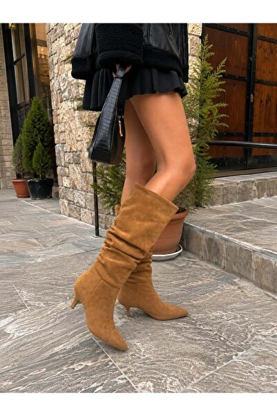 asmi shoes Kadın OSLO Topuklu Körüklü Şık Tarz Günlük Rahat Çizme Taba