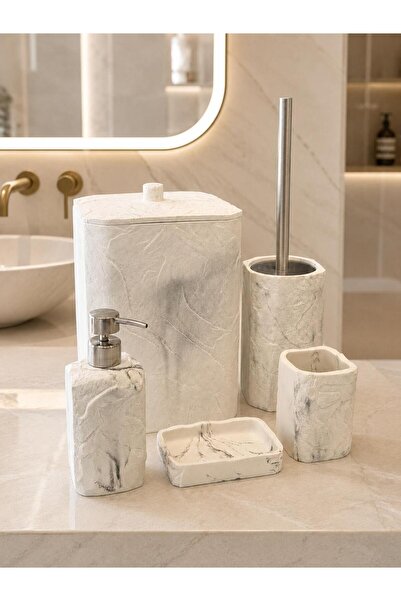 Onedekor 5 Piece Luxury Laduree Stonea White Silver Bathroom Set