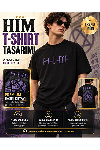 FG KONNİCHİWA HIM Müzik Grubu Siyah Unisex Baskılı Sıfır Yaka T-Shirt