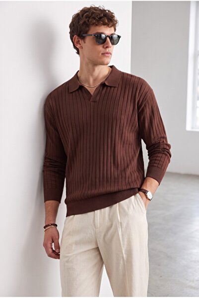aziso Men's Polo Neck Ribbed Sweater