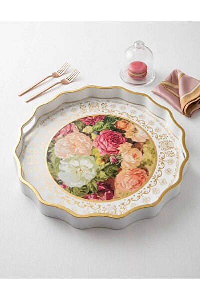 CHICS Mira Papatya İçi Cam Tepsi 38 cm Beyaz Gold ROSA