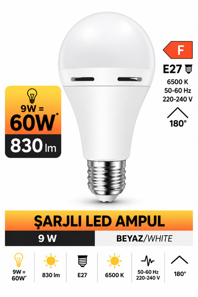 ga gözde aydınlatma Şarjlı LED Ampul 9W | 60W Eşdeğer Güç | 830 Lümen E27 Duy...
