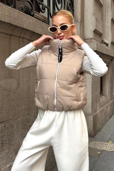 Generic Brand Beige D Mock Neck Short Puffer Vest with Stone Embroidery on th...