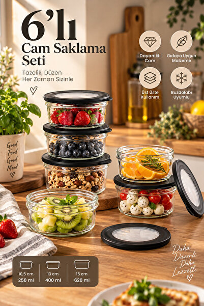 Porsima 4381 Flat 6-Piece Glass Breakfast Multi-Purpose Storage Container Gla...