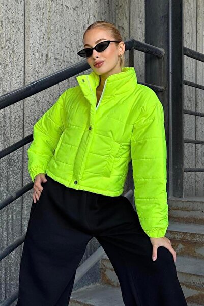 Veraura Lifestyle Neon Green Mock Neck Snap Fasteners Zippered Short Puffer J...