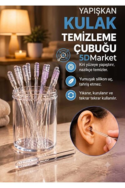 5DM Yapışkan Silikon Uçlu Kulak Temizleme Çubuğu 24'lü Yıkanabilir Tekrar Kul...
