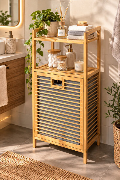 Porsima 2063 Ahşap Bambu Kirli Sepetli 2 Raflı Çok Amaçlı Banyo Düzenleyici K...