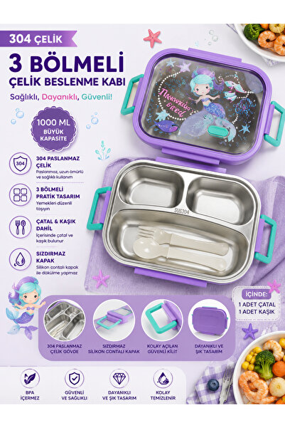 MUZEKO Hello Enjoy Balık Desen 3 Bölmeli Paslanmaz Çelik Yemek Kabı Sızdırmaz...