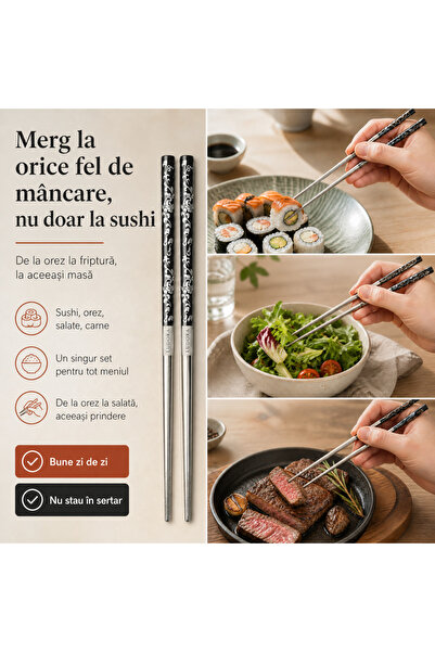 LUDORA Bete chinezesti pentru mancare,inox, set de 2, rezistente la spalare, cu imprimeuri florale colorate