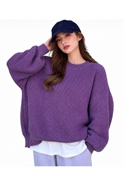 Kırlangıç Moda Purple Oversized Crew Neck Women's Knitwear Sweater